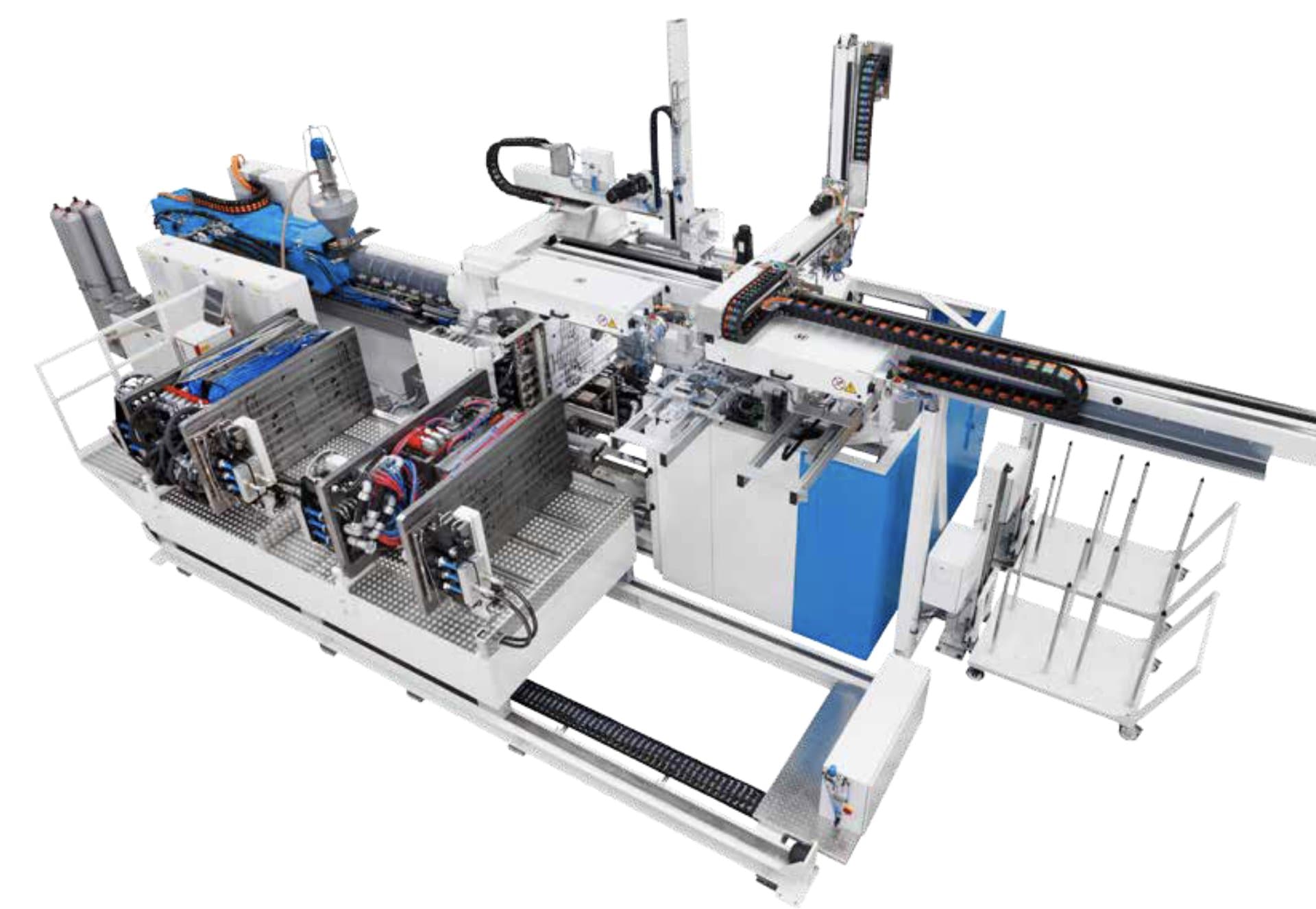 EAS automated manufacturing cell with robotic mold handling and SMED quick change systems for injection molding